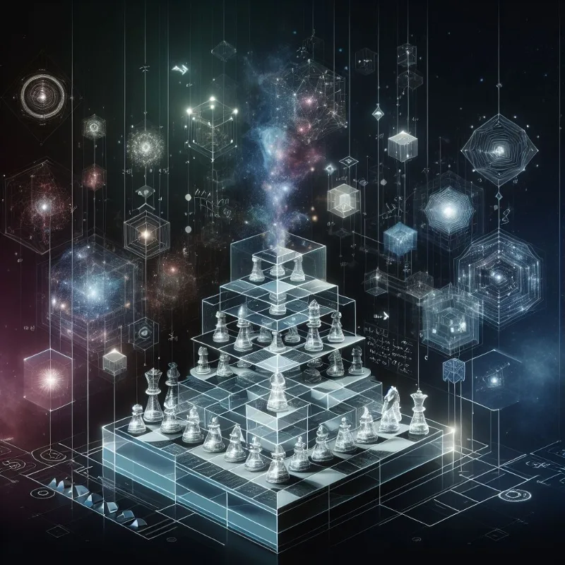 Glowing chess pieces arranged in a pyramid against a digital background