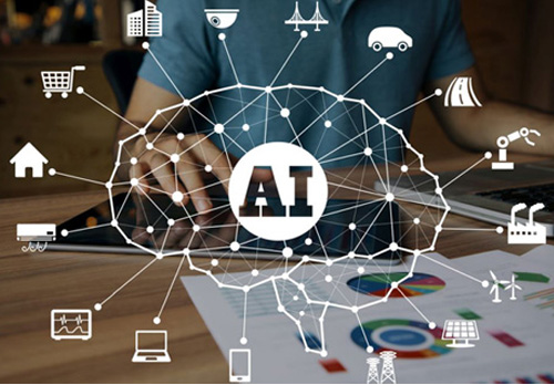 Network of connected icons around an AI chip above a laptop keyboard