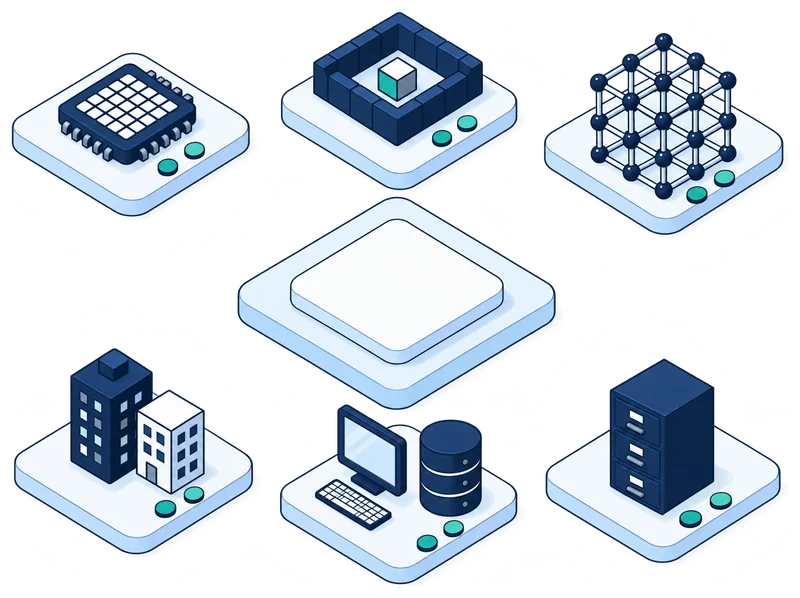 Isometric illustration of connected systems: AI, analytics, cloud, offices and databases around one central platform
