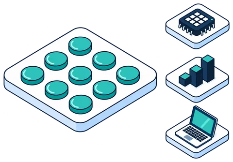 Isometric illustration of protected data flowing to AI, analytics and devices