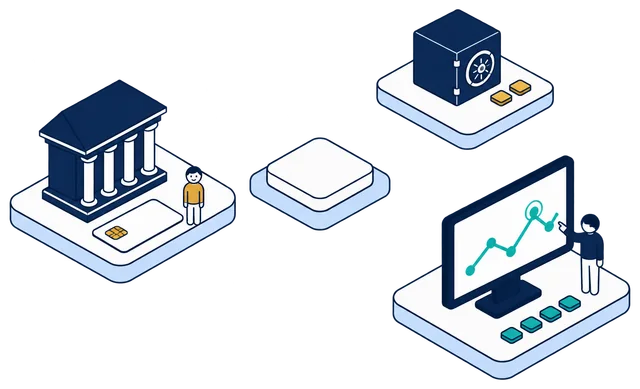 Isometric illustration. A bank, a payment card with a gold chip and an identified account holder in gold, face visible, connect to the Anonomatic mark. From the mark, the gold identity goes on to a navy vault, and teal protected data goes on to a dashboard where an analyst points at a transaction chart.