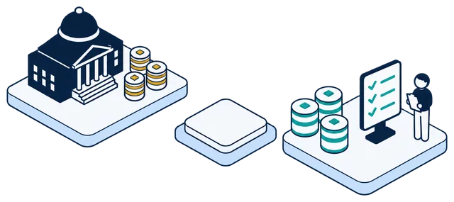 Isometric illustration. A government building beside databases with gold bands connects to the Anonomatic mark. Beyond it, the databases carry teal bands, and an official with a clipboard stands at a checklist with three teal ticks.