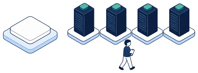Isometric illustration. The Anonomatic mark stands on its own platform, linked to a row of four identical navy server racks, each topped with the same teal module. An engineer with a clipboard walks along the row.