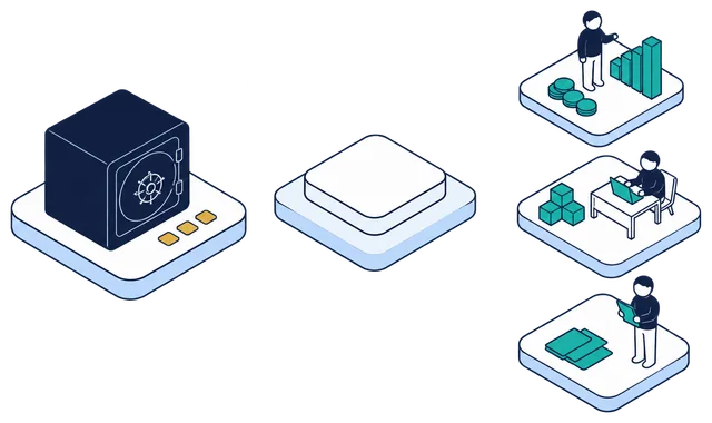 Isometric illustration. A closed navy vault with gold identity records on its platform is linked to the Anonomatic mark. From the mark, teal protected data reaches three people on three tiles, each in a different shape: coins and a bar chart, cubes at a laptop and flat cards.