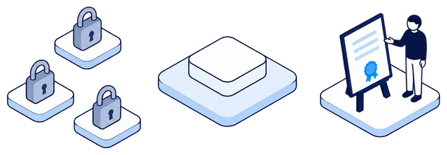 Isometric illustration. Three faded padlocks stand apart, each on its own tile, on the left. The Anonomatic mark stands on a larger platform in the middle, linked to a presenter beside an easel with a certificate and a blue rosette.