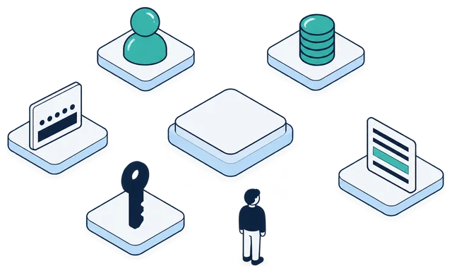 Isometric illustration. The Anonomatic mark stands on a central tile, connected to five tiles around it. Each carries a different symbol: a person, a database, a masked password field, a key and a document. A person stands in front, looking on.