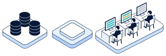 Isometric illustration. Three navy source databases feed the Anonomatic mark. Beyond it, three analysts at three desks see three different results on their screens: protected teal rows on one, teal rows with gold rows among them on the next, grey rows on the third.