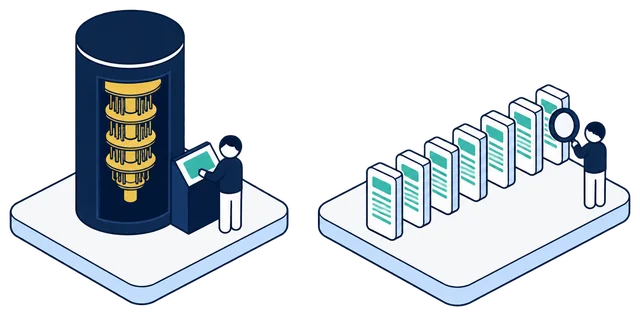 Isometric illustration. A quantum computer with a gold core and a person at its console. Beside it, a person holds a magnifying glass to a long row of identical teal records, every one of them looking valid.