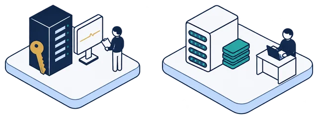 Isometric illustration. An old server with a gold key leaning on it, beside a monitor showing a weak, almost flat pulse, checked by a person with a clipboard. On the next tile, a person works calmly beside a modern server and a stack of teal protected data.