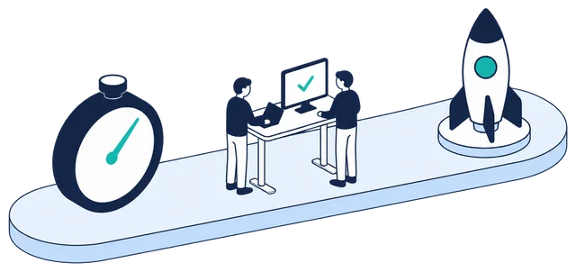 Isometric illustration. A stopwatch at one end of a lane marked with a teal dashed line, a rocket on its launch pad at the other. Between them, two developers at a standing desk with a teal check mark on their screen.