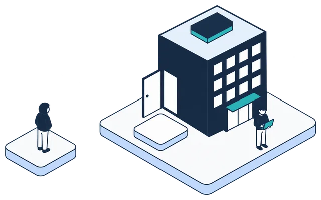 Isometric illustration. An office building with its side door open and the Anonomatic mark standing in the doorway. A hooded figure waits outside on a separate tile, while a developer with a laptop works by the front entrance.